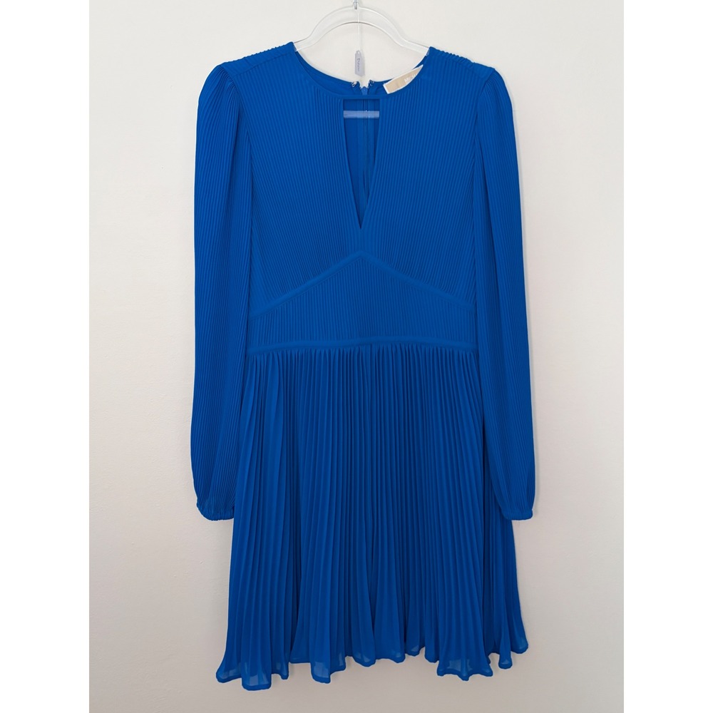 Michael Kors Royal Blue Plissé Pleated Long Sleeve Keyhole Mini Dress
